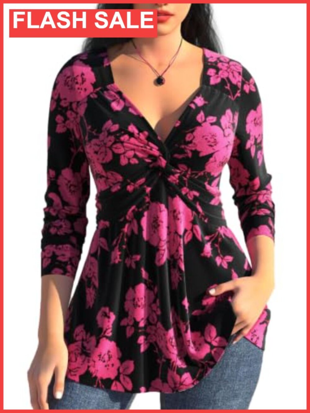 Velvet Floral Twist V-Neck Peplum Tunic Top Long Sleeve